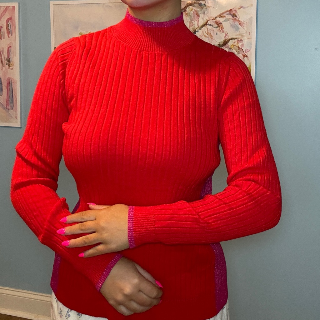 Boden Red With Pink Shimmer Detail Turtleneck Sweater Size L